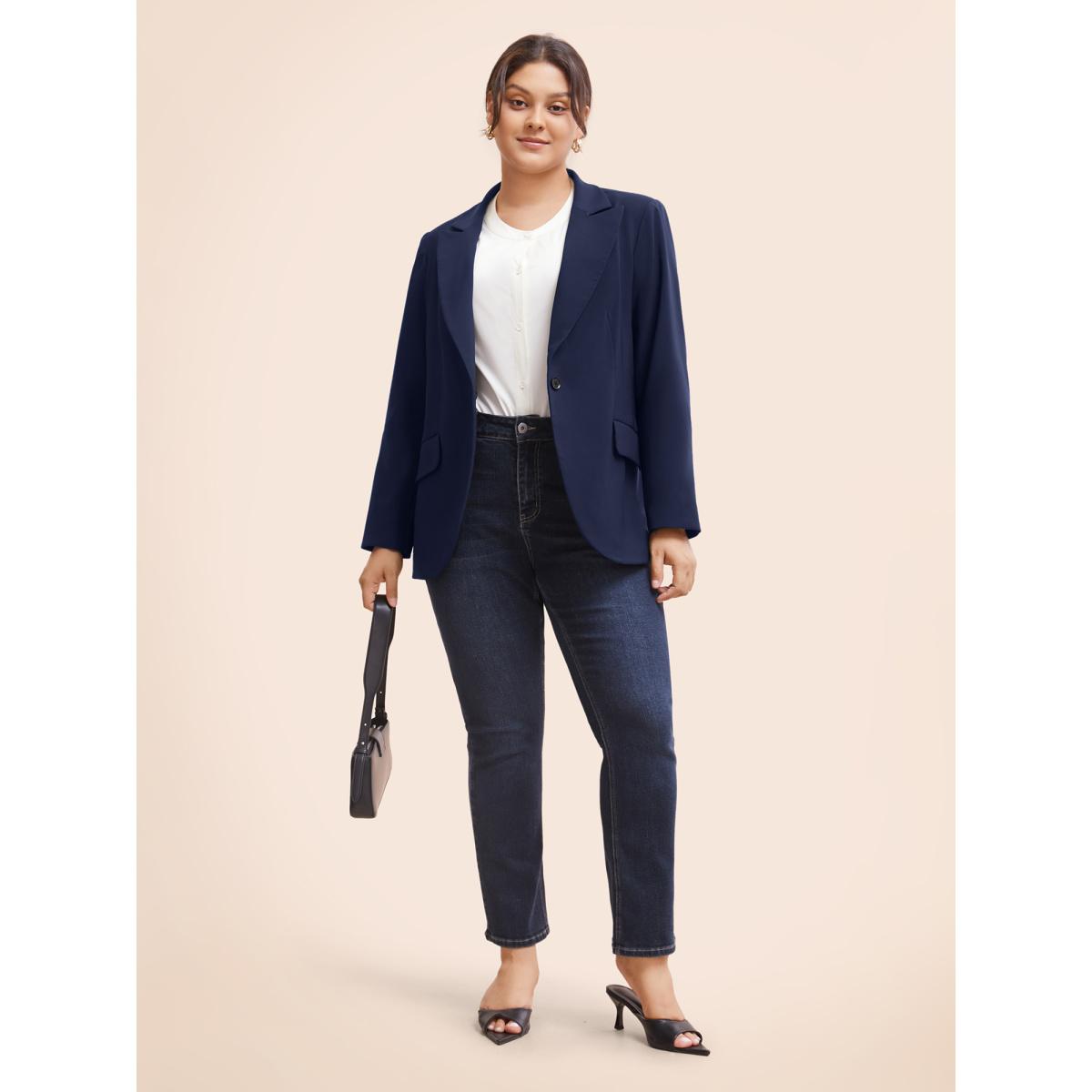 Plus Size Stretch Woven Pocket Slim-Fit Blazer Indigo Women Work Button Sleeve Extra Long Sleeve Suit Collar 12/L Open pocket with flap At the Office Blazers BloomChic Product Image