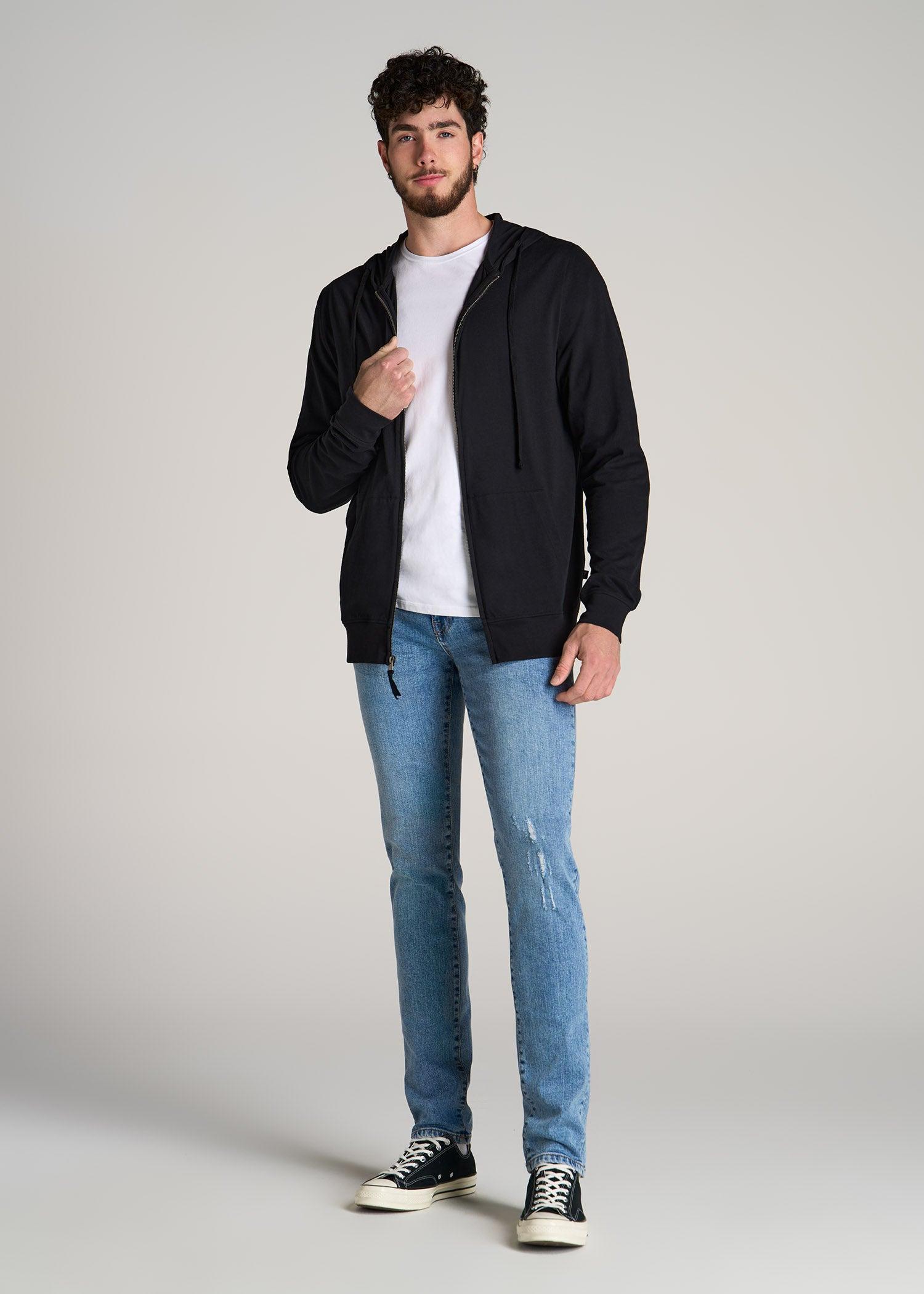 Long Sleeve Full Zip Jersey Hoodie for Tall Men in Black Product Image