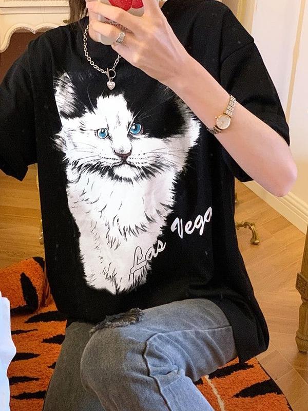 Kitty Print Oversized Short Sleeve Tee Product Image