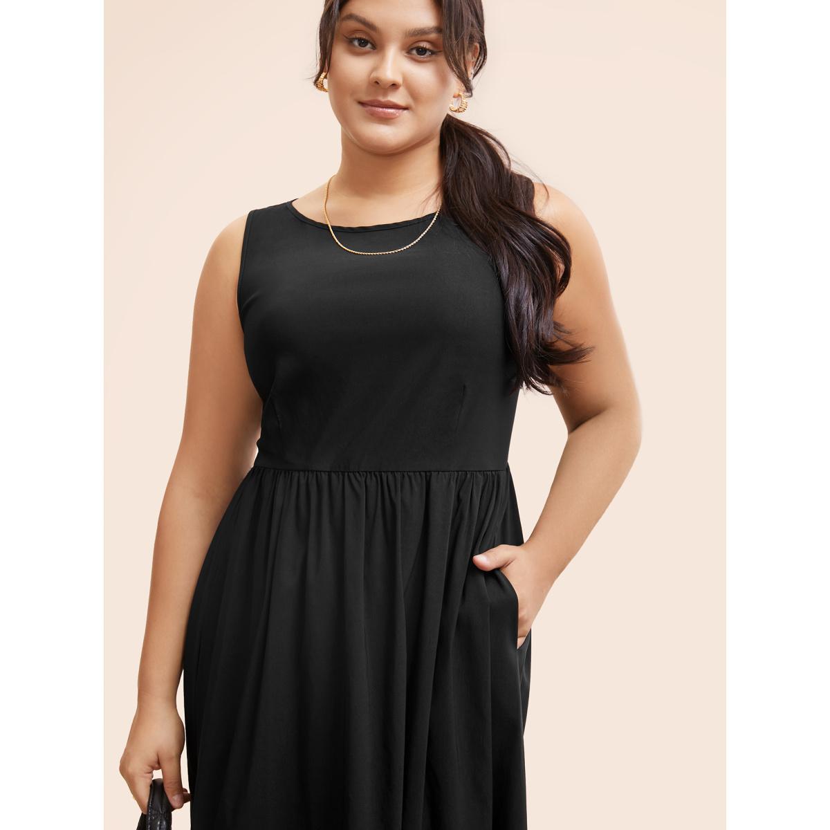 Plus Size Stretch Woven Blend Multiple Splicing Midi Dress Black Women Workwear Essentials Gathered Round Neck Sleeveless Curvy BloomChic 14-16/1X Product Image