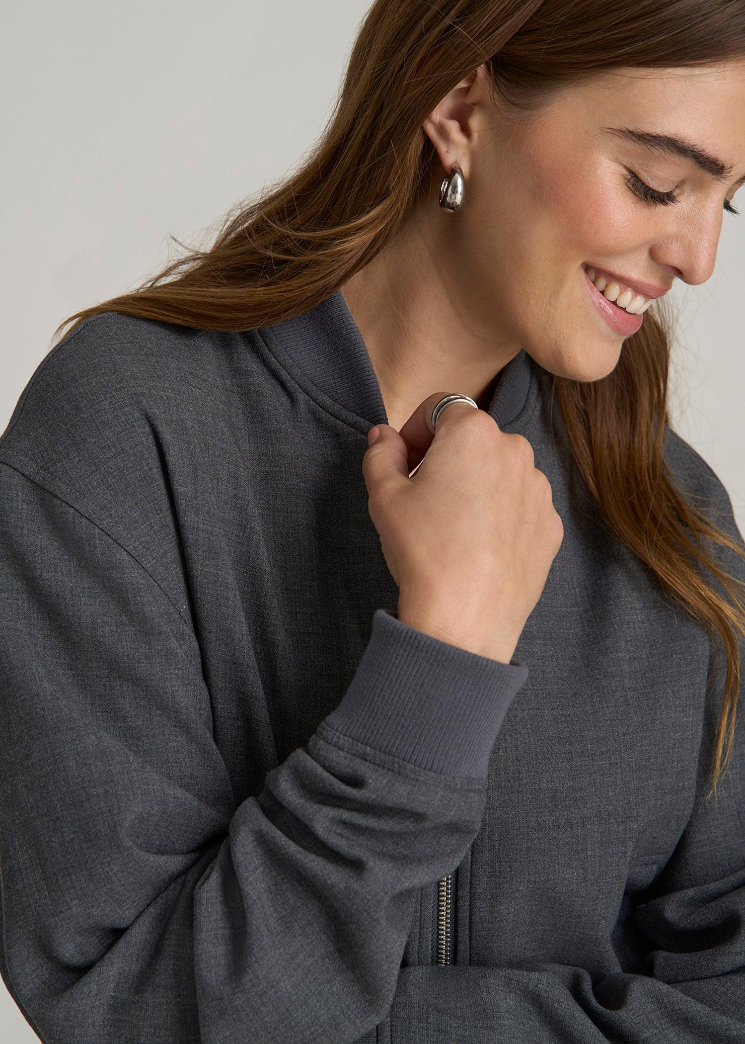 Cropped Bomber Jacket for Tall Women in Graphic Charcoal Female Product Image