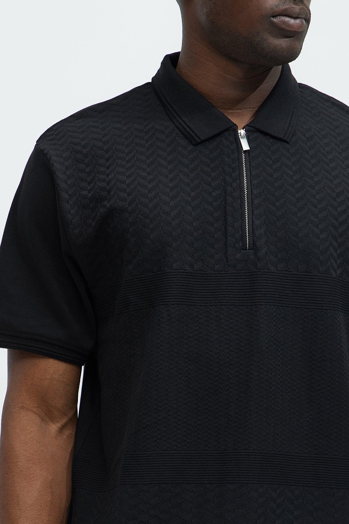 Textured Zip Collar Short Sleeve Polo - Black Product Image