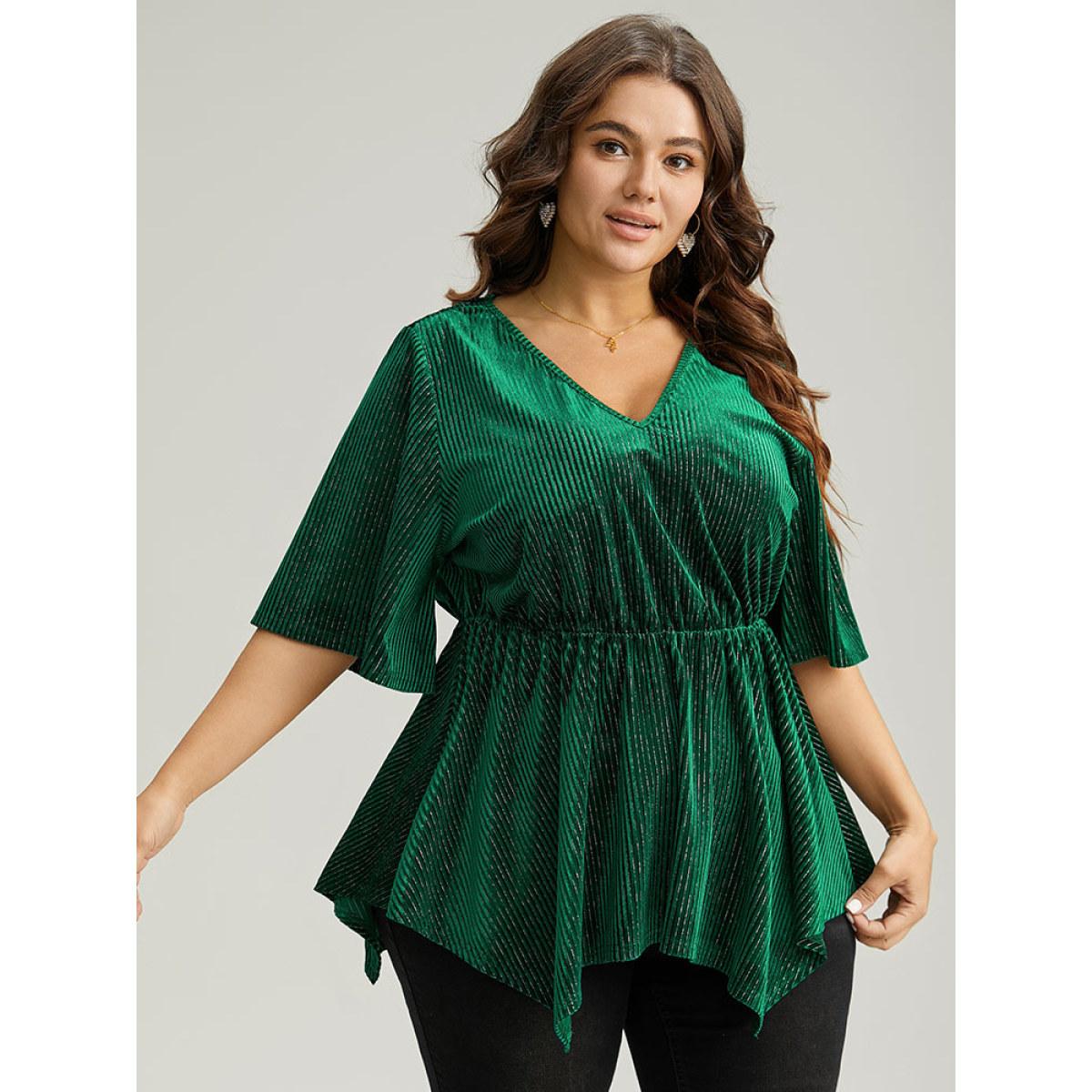 Plus Size DarkGreen Velvet Elastic Waist Ruffle Sleeve Hanky Hem Blouse Women Glamour Short sleeve V-neck Festival-Christmas Blouses BloomChic 18-20/2X Product Image