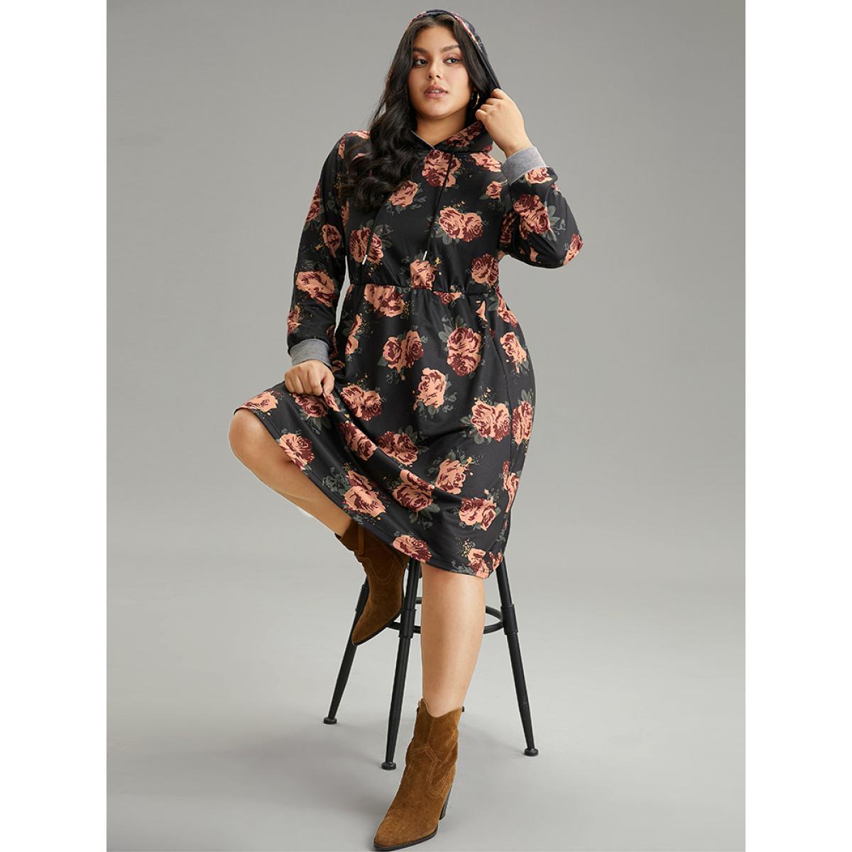Plus Size Floral Elastic Waist Hooded Drawstring Pocket Dress Black Women Casual Printed Hooded Long Sleeve Curvy Midi Dress BloomChic 30/6X Product Image