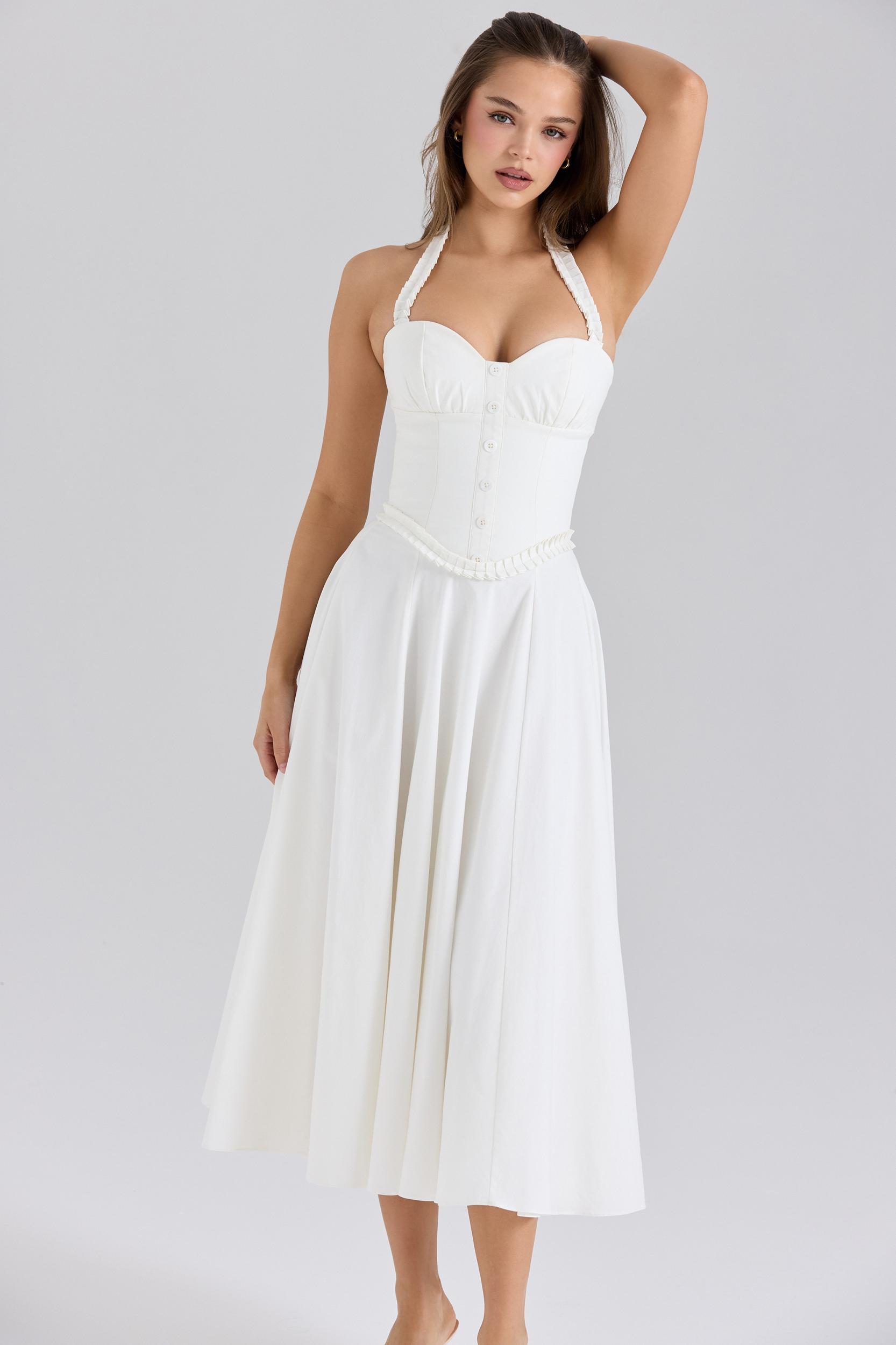 Georgie  white stretch cotton halter neck midi dress Product Image