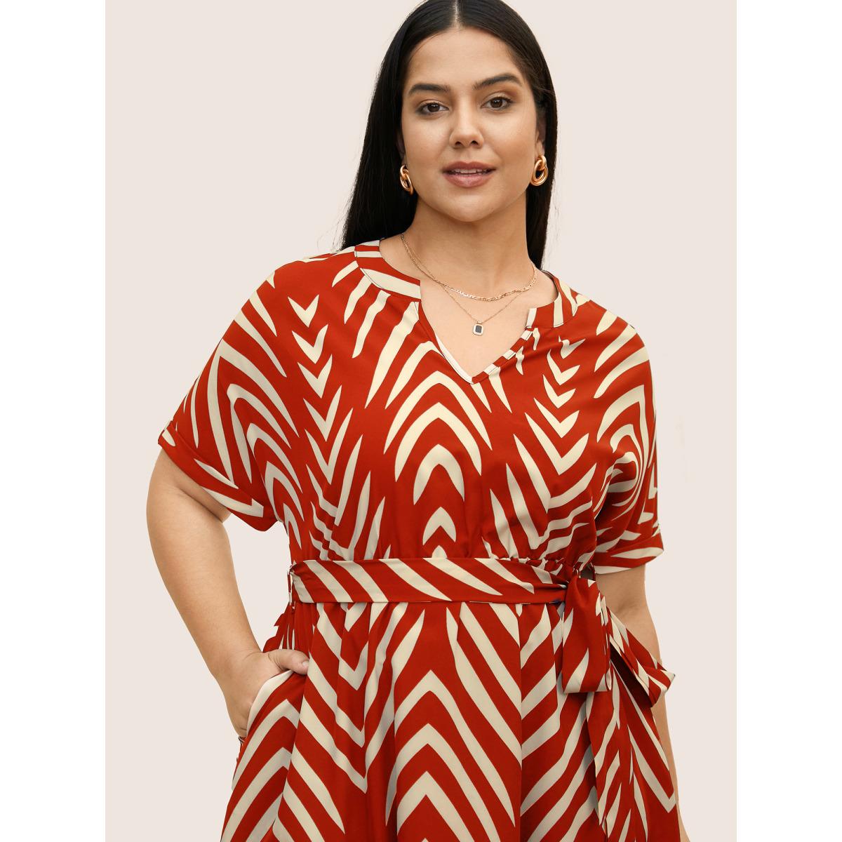 Plus Size Geometric Belted Dolman Sleeve Curved Hem Dress Rust Women At the Office Flat collar with V-notch Short sleeve Curvy BloomChic 10/M Product Image