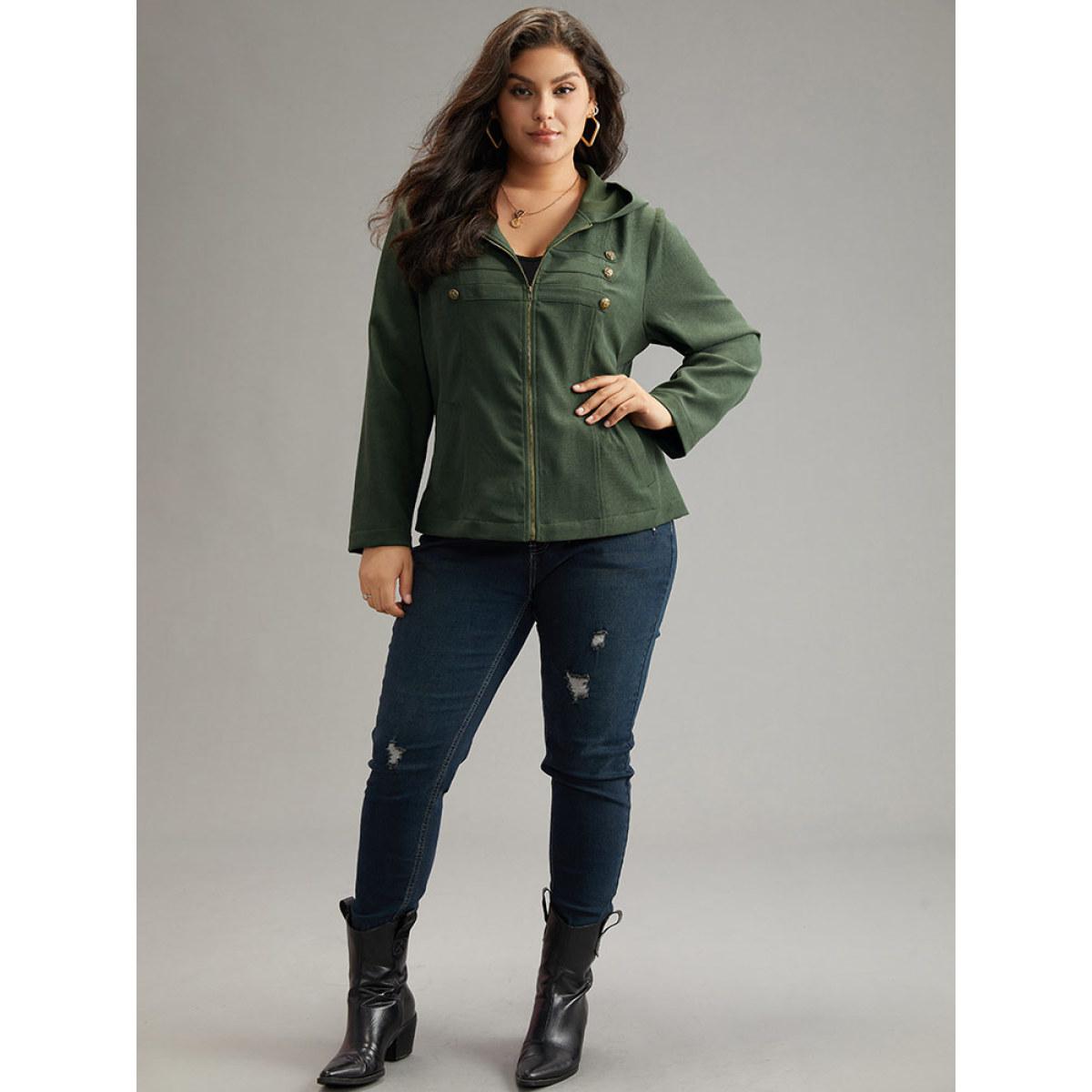 Plus Size Solid Metal Detail Hooded Zipper Jacket Women ArmyGreen Casual Plain Ladies Everyday Winter Coats BloomChic 26/4X Product Image