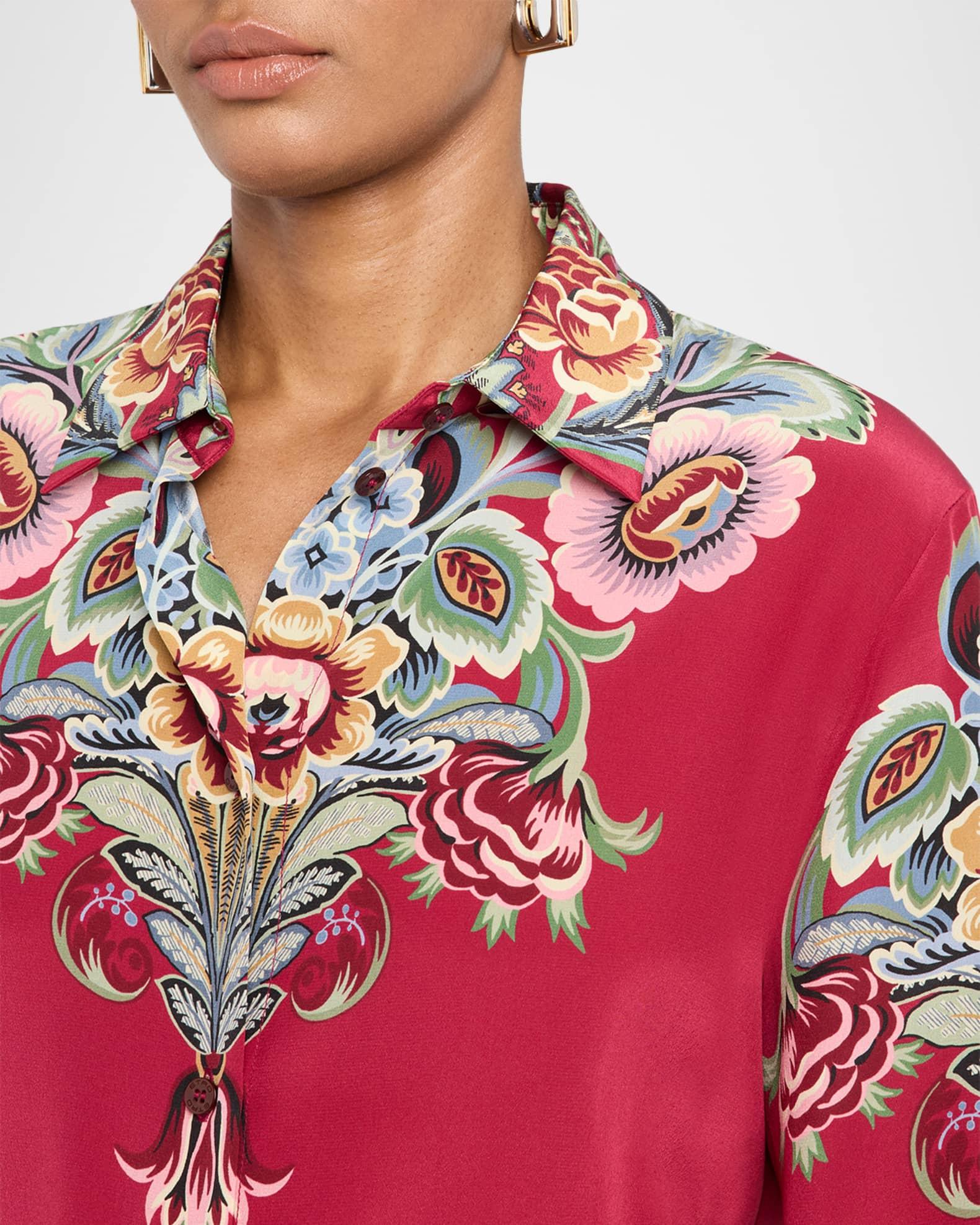 Floral Silk Long-Sleeve Tunic Blouse Product Image