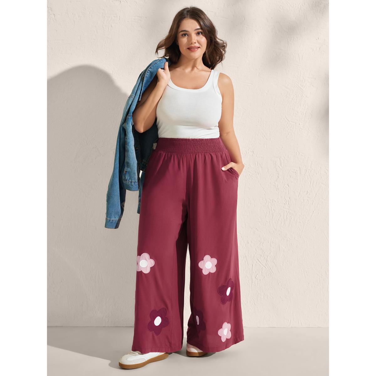 Plus Size Floral Applique Embroidery Wide-Leg Pants Women Raspberry Playful Loose Mid Rise Casual Pants BloomChic 14-16/1X Product Image
