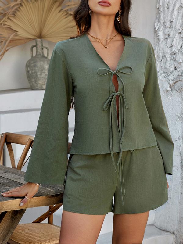 Flared Sleeves Long Sleeves Solid Color Tied V-Neck Blouses&Shirts Tops + Shorts Bottom Two Pieces Set Product Image
