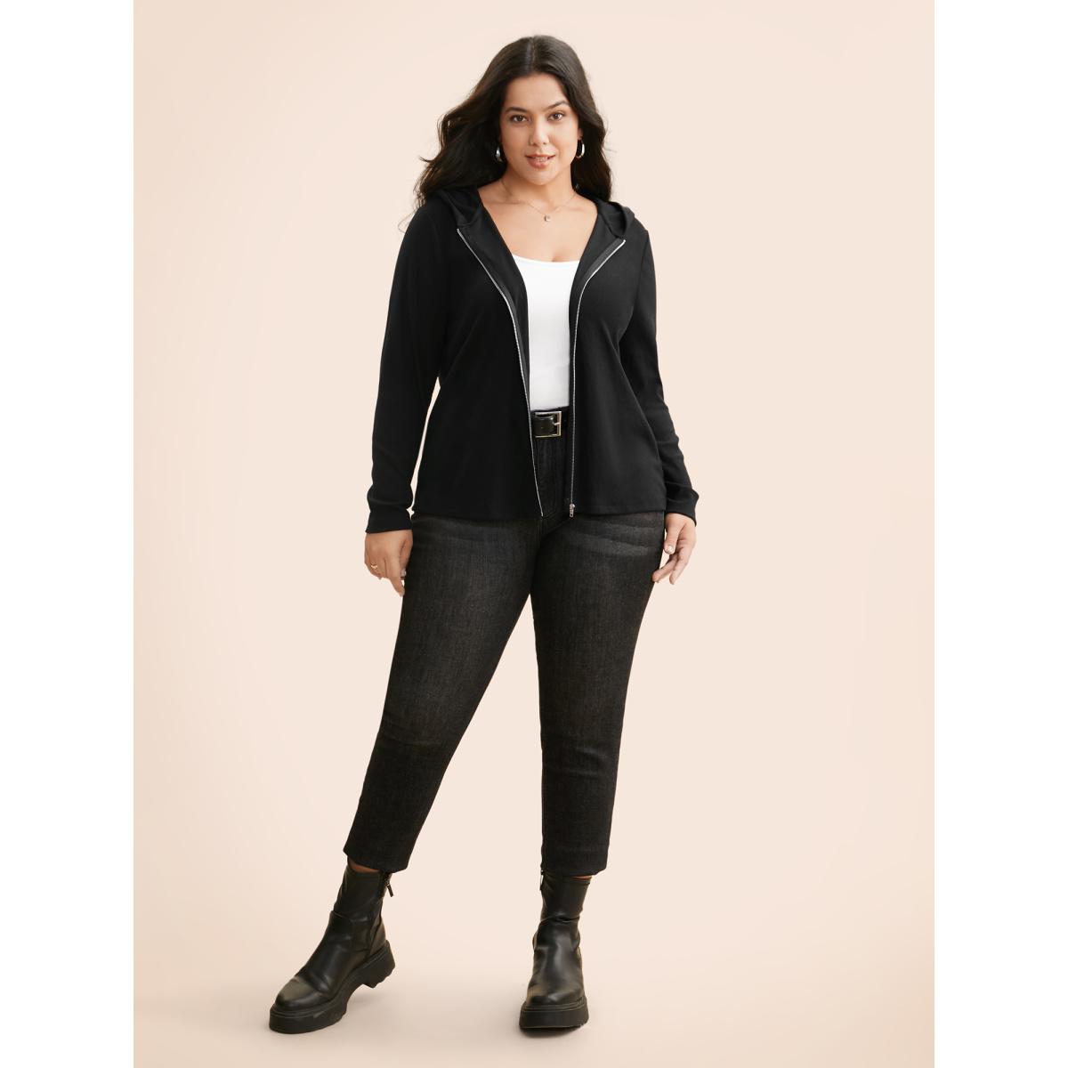 Plus Size Hooded Zipper Medium Stretch Sweatshirt Women Black Casual Texture Hooded Everyday Sweatshirts BloomChic 22-24/3X Product Image