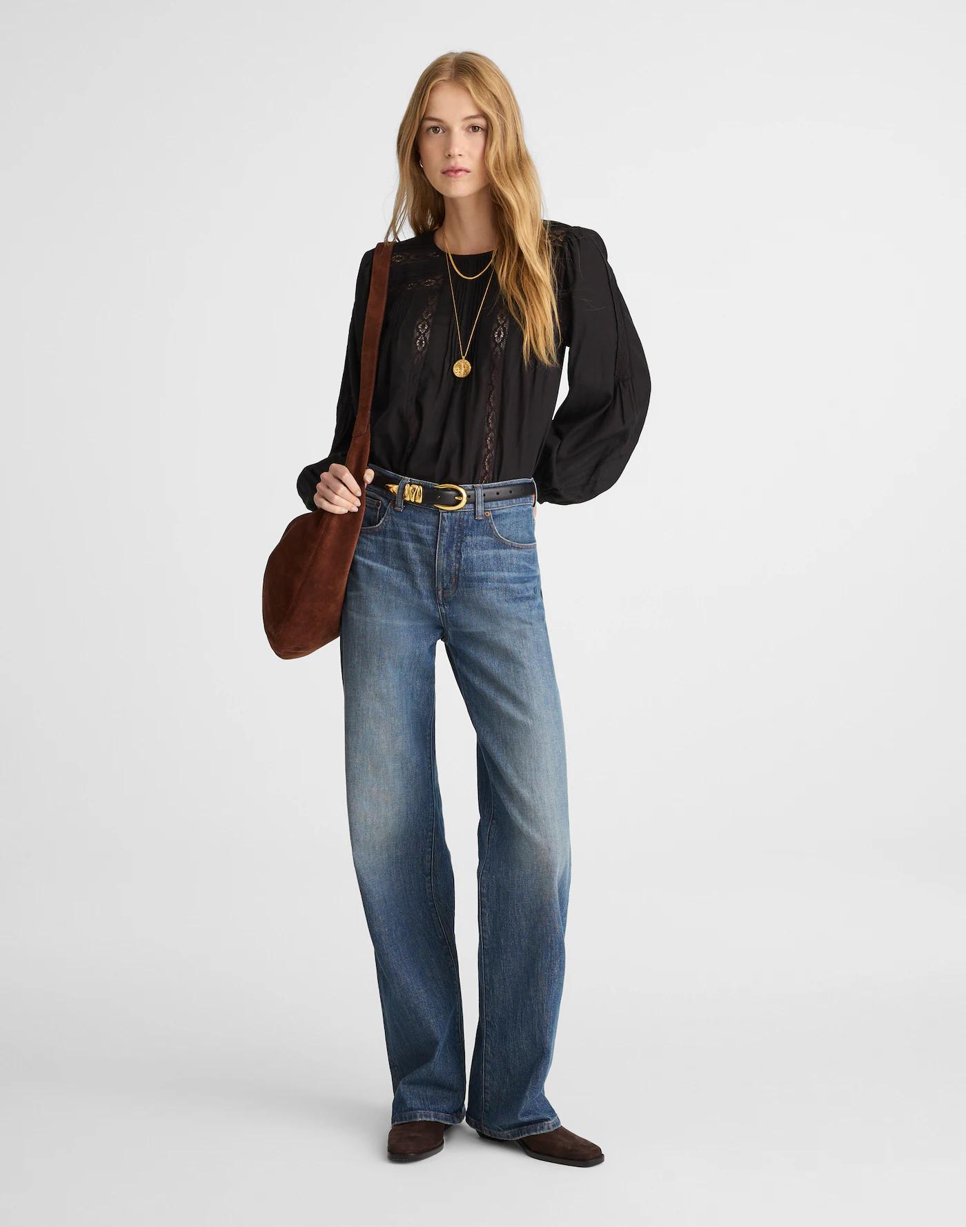 Lace-Insert Pintucked Long-Sleeve Top Product Image