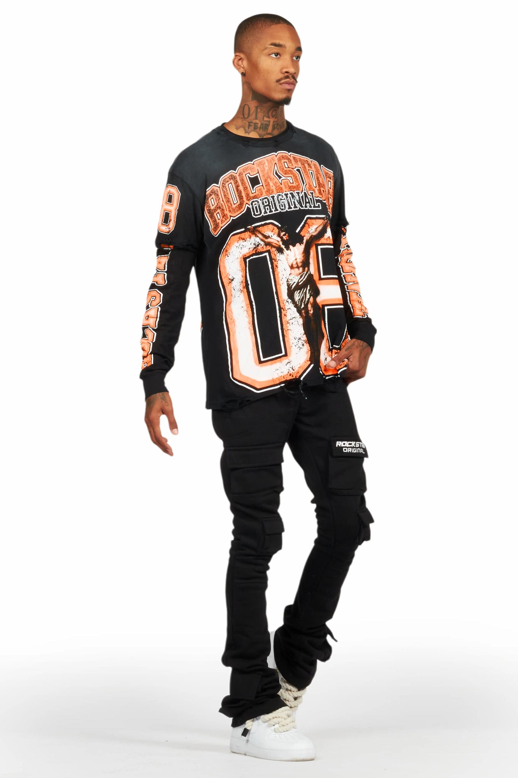 Fields Black/Orange Double Layer Long Sleeve Graphic T-Shirt Male Product Image