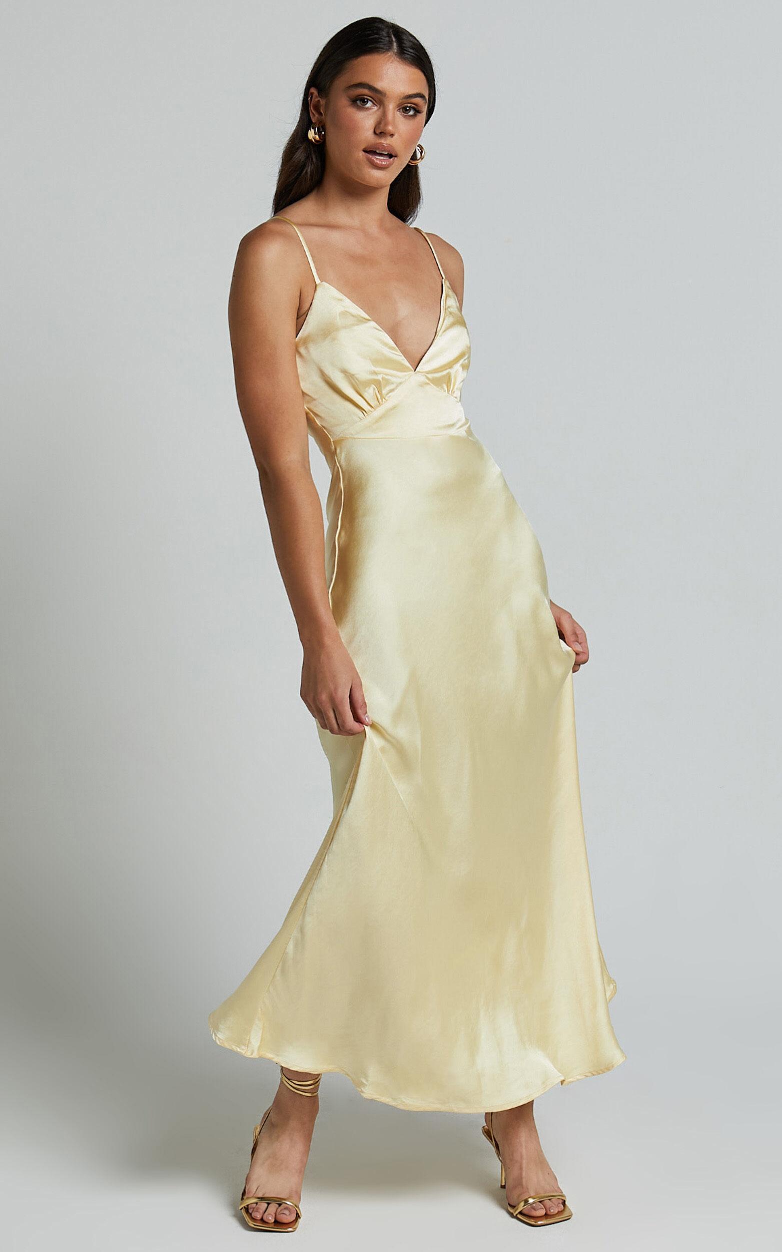 Lorenzia Maxi Dress - Plunge Corset Underbust Detail Satin Dress in Lemon Product Image