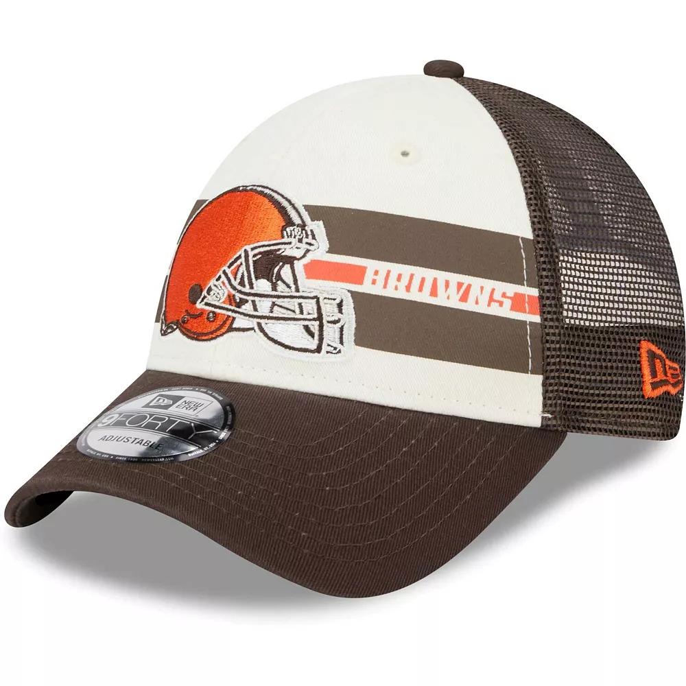 Men's New Era Cream/Brown Cleveland Browns Team Stripe Trucker 9FORTY Snapback Hat, Beige Product Image