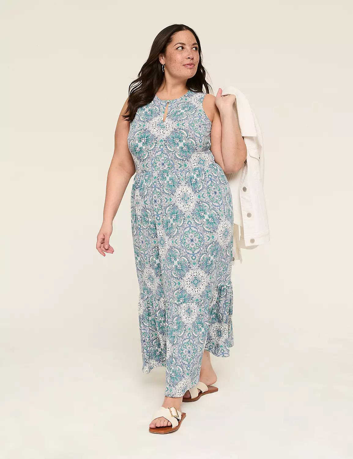 Button-Neck Tiered Jersey Maxi Dress Product Image