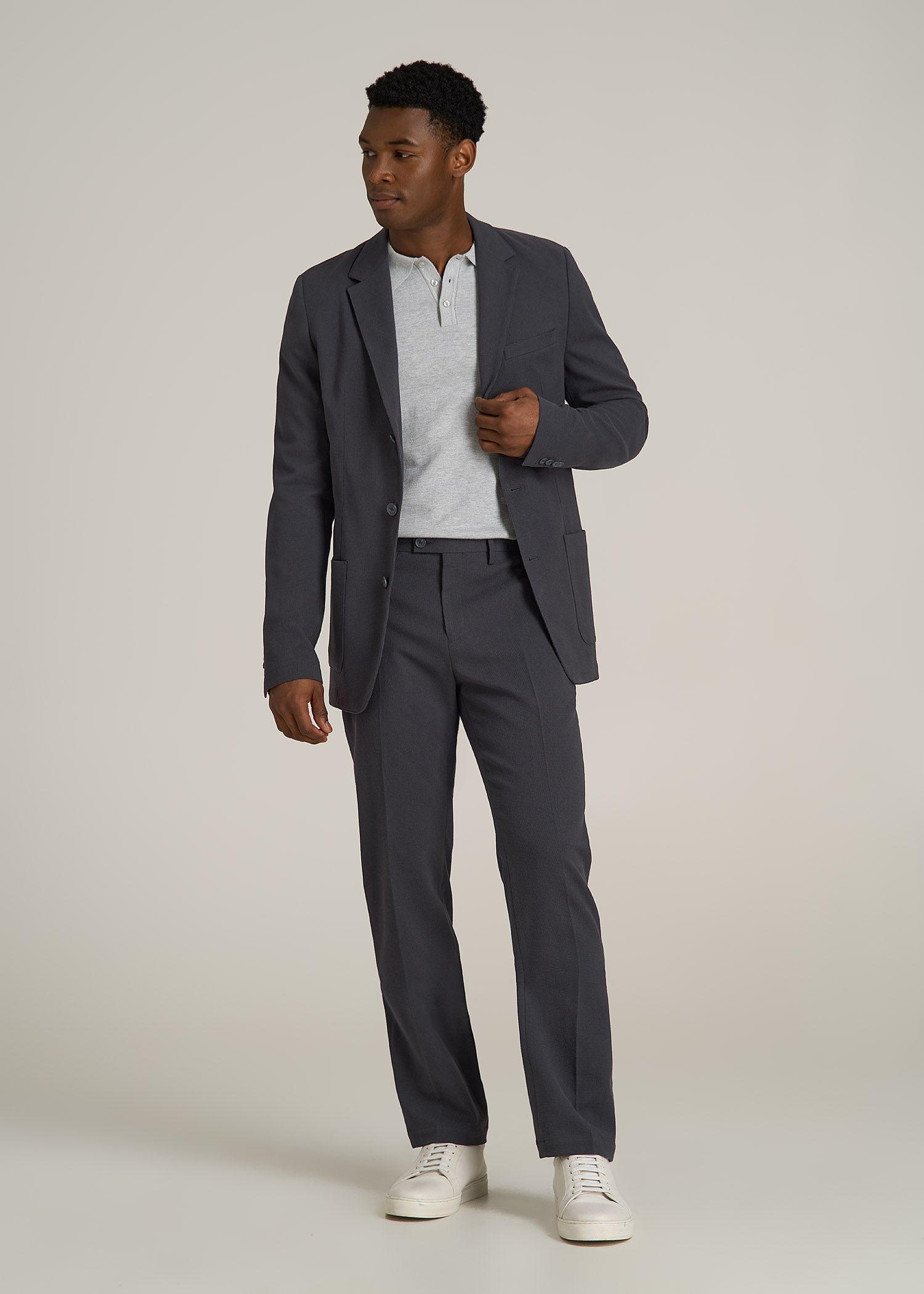 Textured Garment Washed Stretch Cotton Suit Pants for Tall Men in Iron Grey Product Image