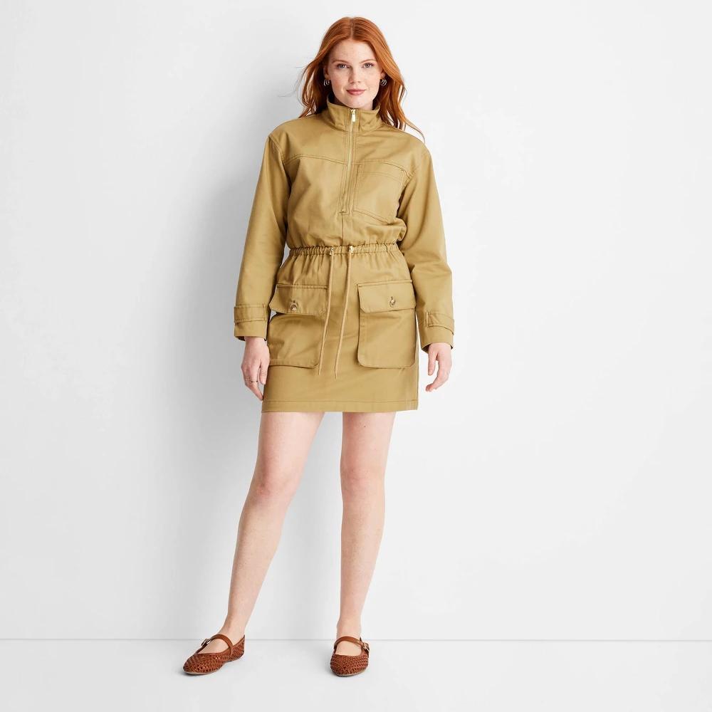 Women's Utility Mini Dress - Future Collective Khaki XS: Recycled Polyester & Cotton Blend, Collared Long Sleeve, Front Zipper Product Image
