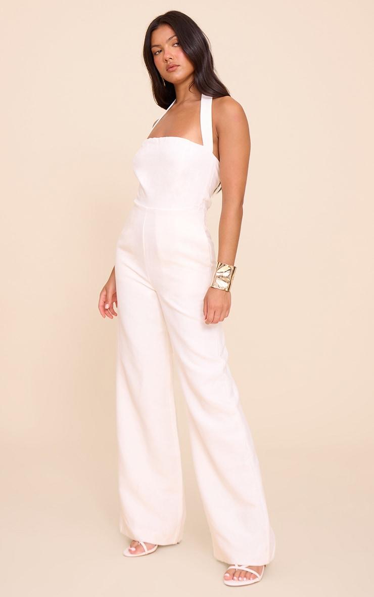 Cream Premium Woven Halter Neck Wide Leg Jumpsuit Product Image