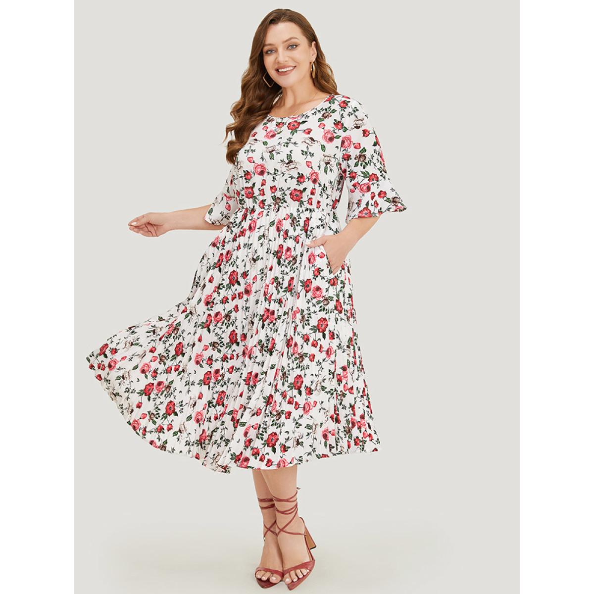 Plus Size Floral Print Pleated Hem Pocket Bell Sleeve Midi Dress Multicolor Women Elegant Pleated Round Neck Half Sleeve Curvy Midi Dress BloomChic 10/M Product Image