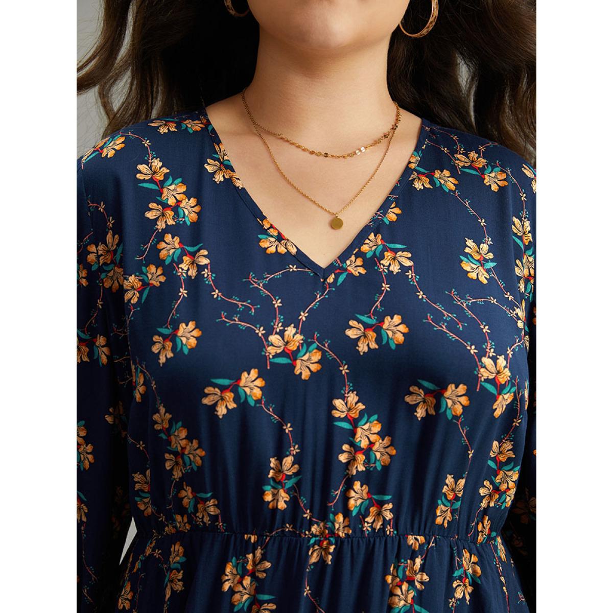 Plus Size Floral Print Elastic Waist Lantern Sleeve Dress DarkBlue Women Elegant Elastic cuffs V-neck Long Sleeve Curvy Midi Dress BloomChic 26/4X Product Image
