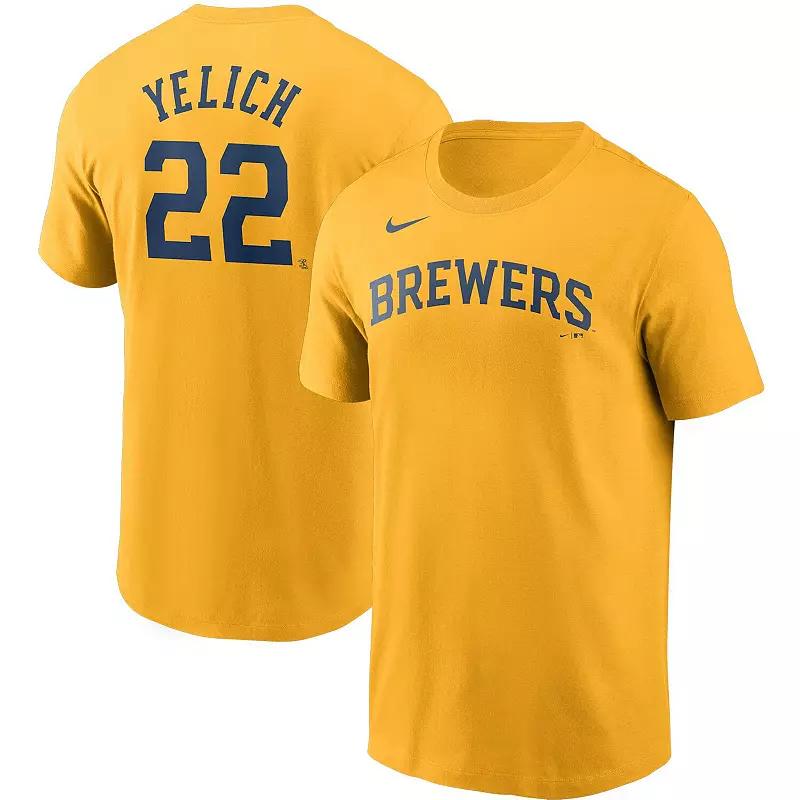 Men's Nike Christian Yelich Gold Milwaukee Brewers Name & Number T-Shirt,  Product Image