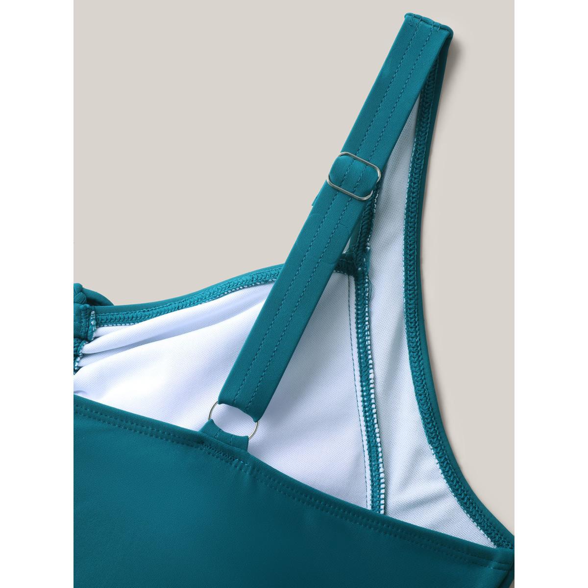 Plus Size Tropical Print Adjustable Drawstring Swim Dress Women's Swimwear Cyan Resort Bodycon Heart neckline High stretch Curve Swim Dresses BloomChic 18-20/2X Product Image