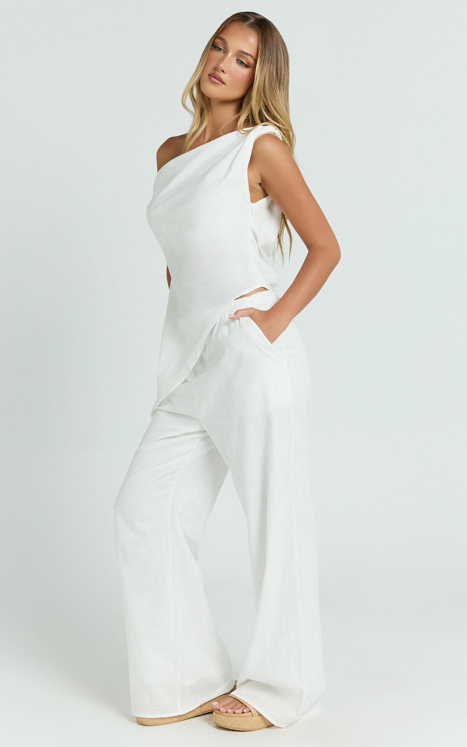 Annalie Two Piece Top and Pants Set - Off Shoulder Linen Set in White Product Image