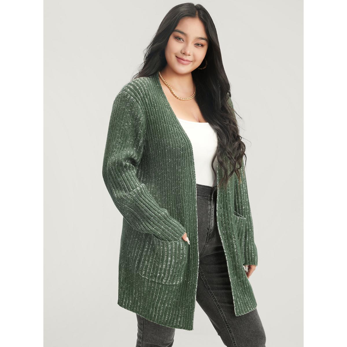 Plus Size Solid Pointelle Knit Heather Rib Knit Open Front Cardigan ArmyGreen Women Casual Loose Long Sleeve Office Cardigans BloomChic 12/L Product Image