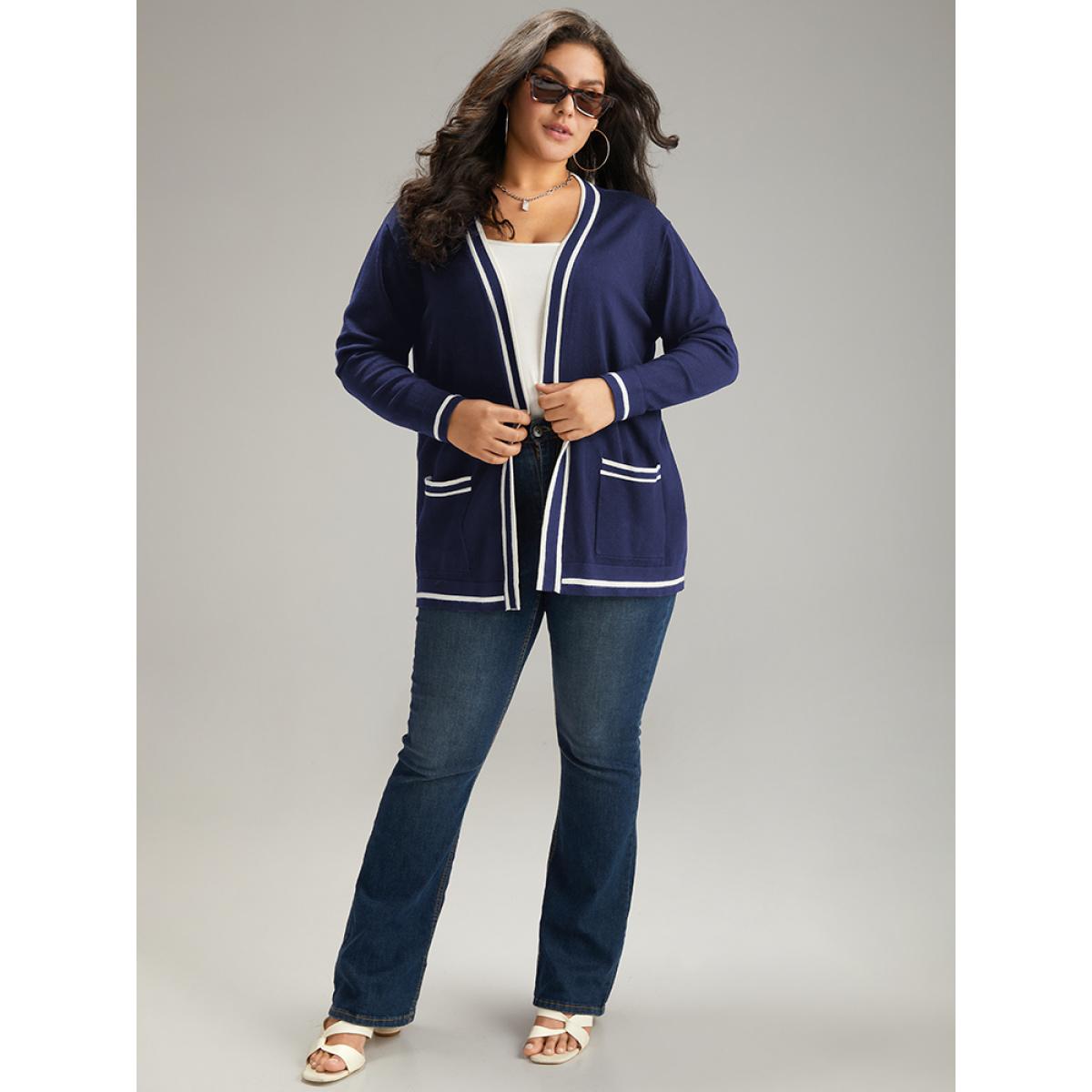 Plus Size Supersoft Essentials Striped Patchwork Pocket Open Front Cardigan Indigo Women Casual Loose Long Sleeve Everyday Cardigans BloomChic 14-16/1X Product Image