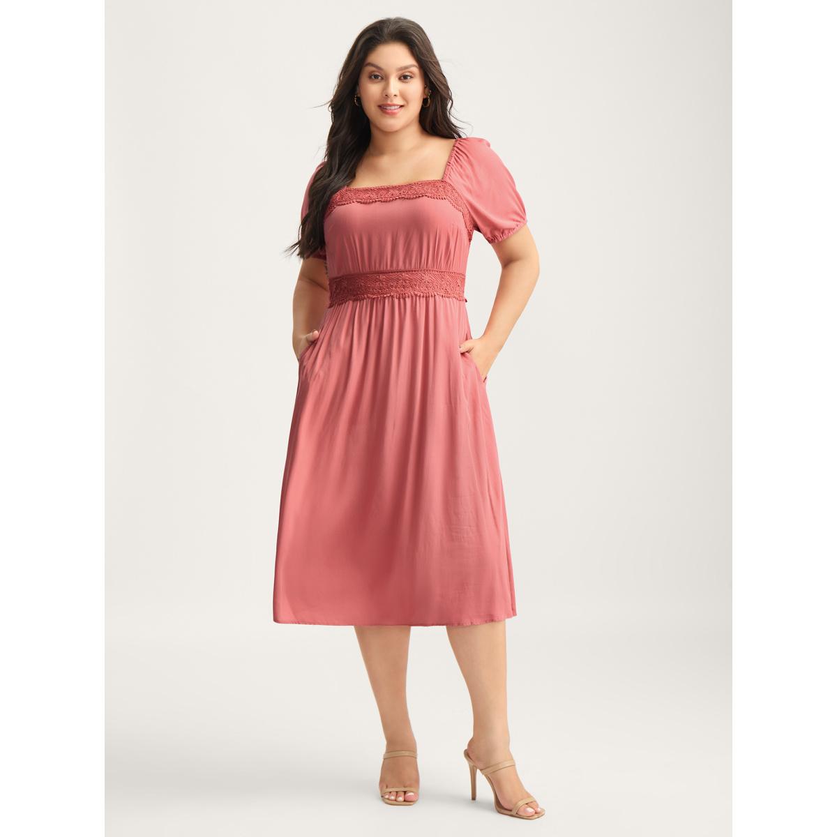 Plus Size Lace Trim Stretchy Waist Pockets Midi Dress Rouge Women Square Neck Short sleeve Curvy BloomChic 22-24/3X Product Image
