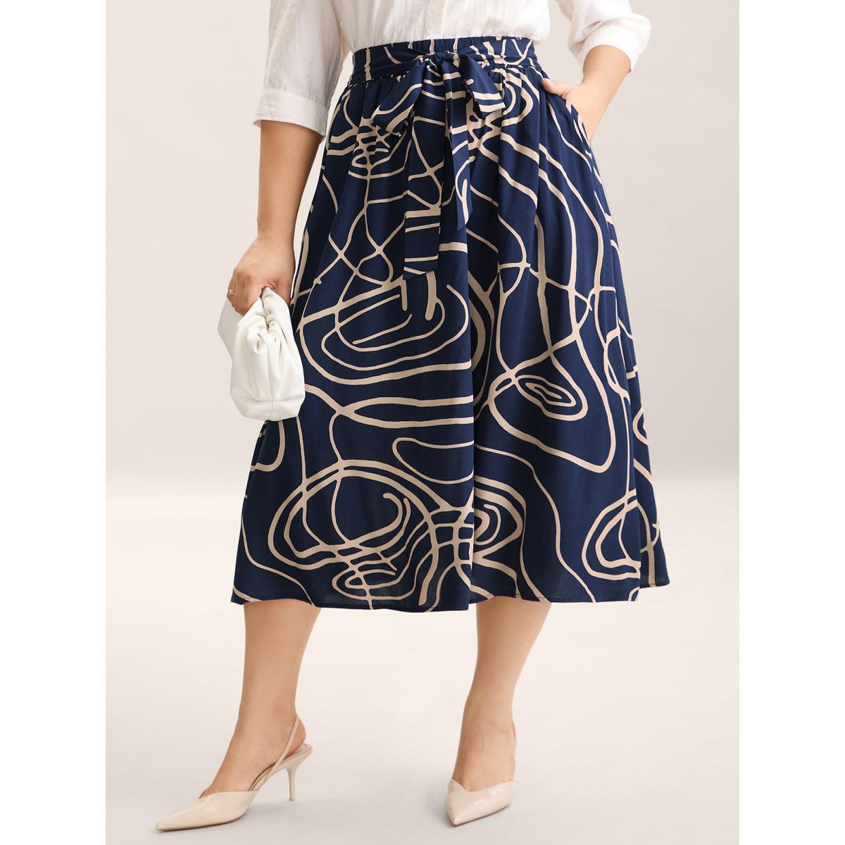 Plus Size Abstract Print Waist-Tie Midi Skirt Women DarkBlue At the Office Low stretch Slanted pocket Work Skirts BloomChic 12/L Product Image