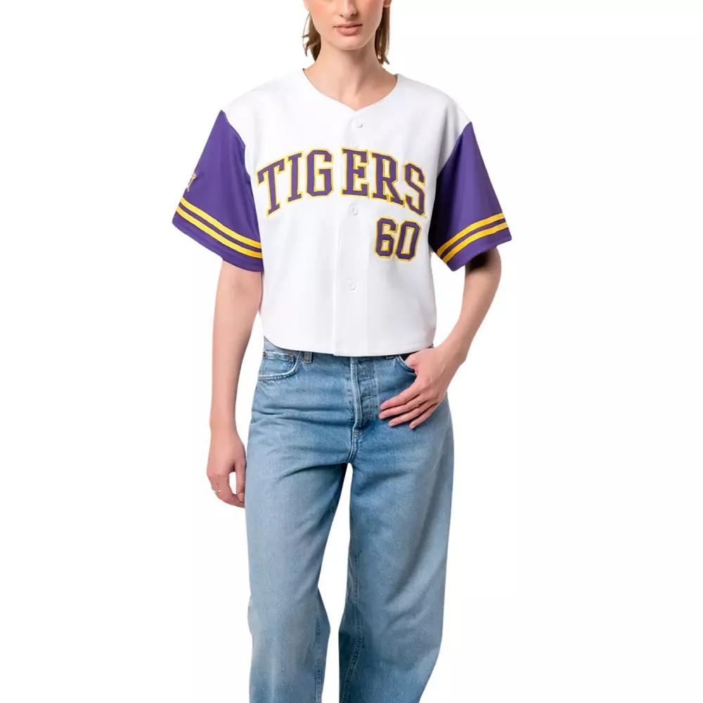 Women's Established & Co. White LSU Tigers Baseball Jersey Cropped T-Shirt,  Product Image