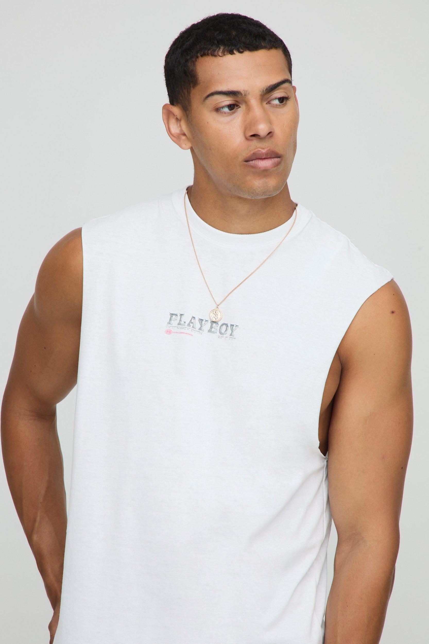White Regular Fit Playboy License Tank | boohooMAN USA Product Image