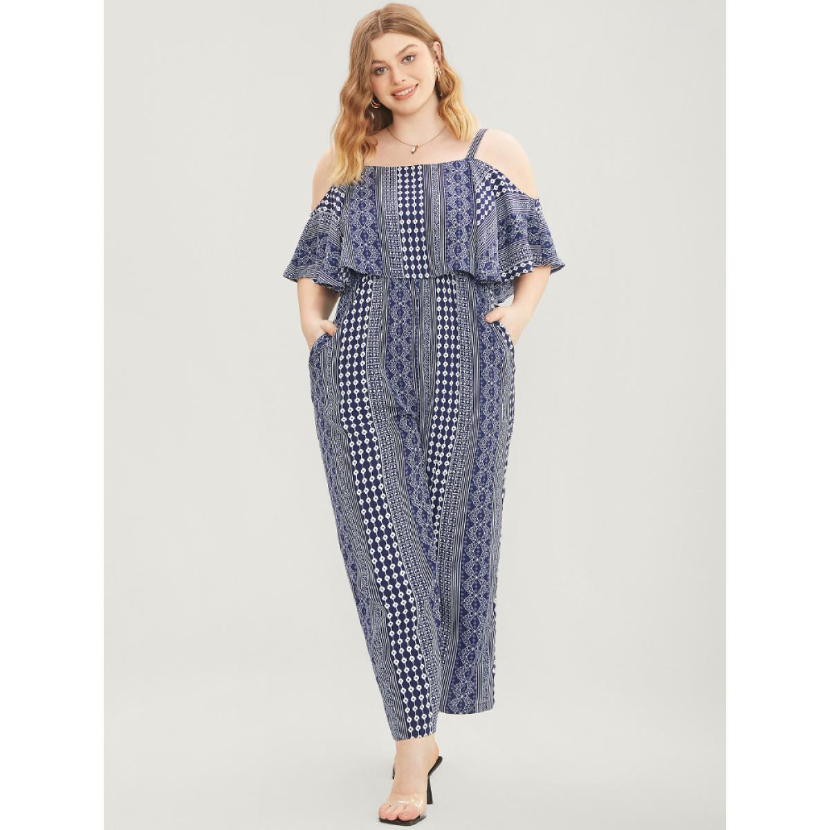 Plus Size Indigo Striped Geometric Pocket Ruffles Cold Shoulder Jumpsuit Women Vacation Short sleeve Cold Shoulder Dailywear Loose Jumpsuits BloomChic 30/6X Product Image