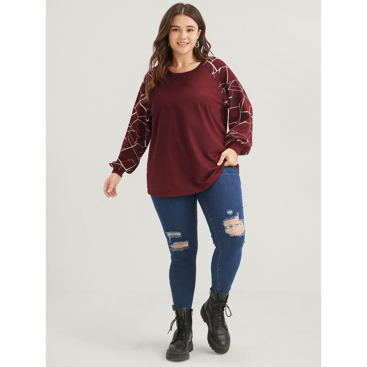 Plus Size Geometric Raglan Sleeve Round Neck Sweatshirt Women Burgundy Elegant Patchwork Round Neck Dailywear Sweatshirts BloomChic 28/5X Product Image