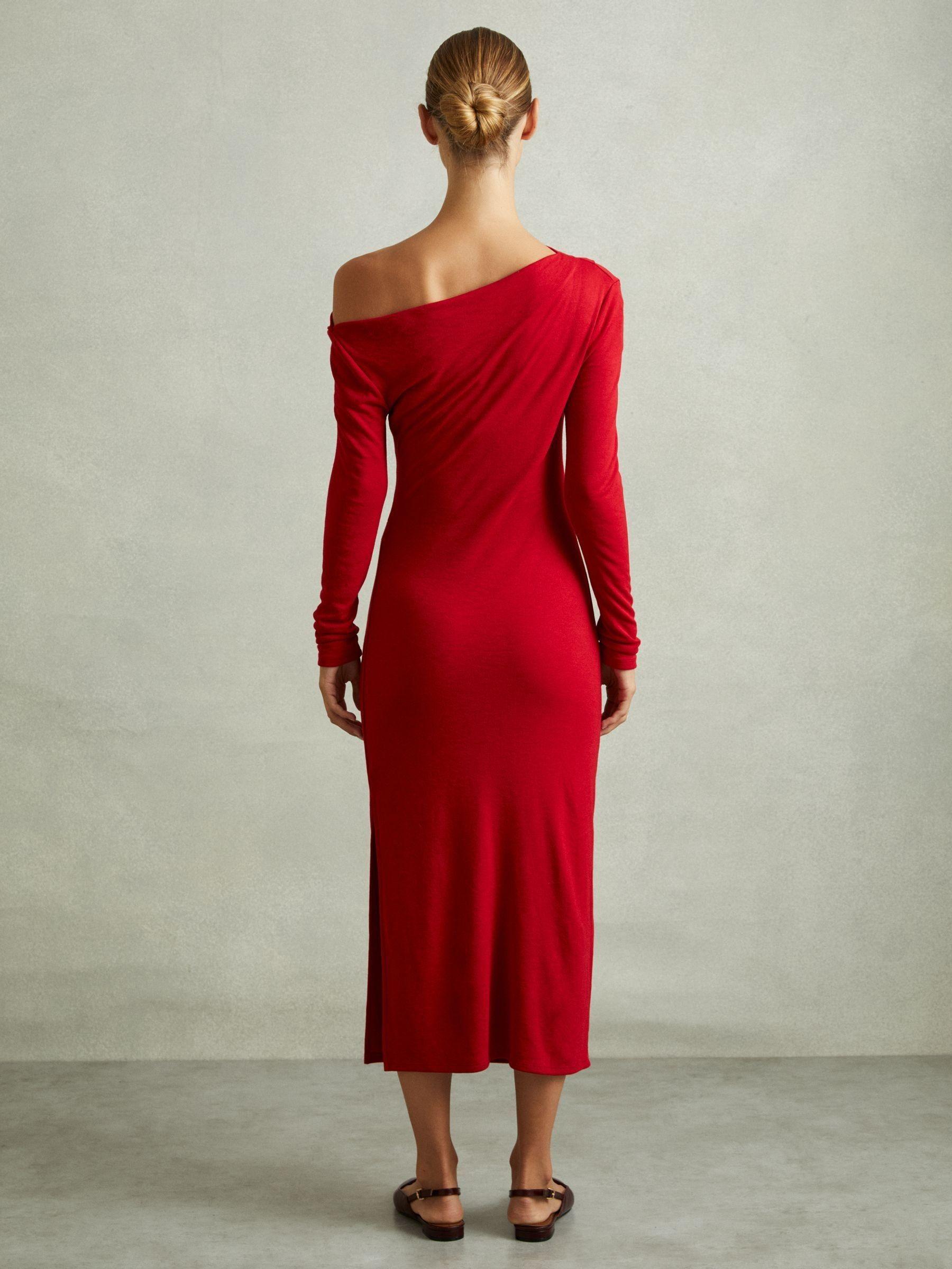 Off-The-Shoulder Jersey Midi Dress in Red Product Image