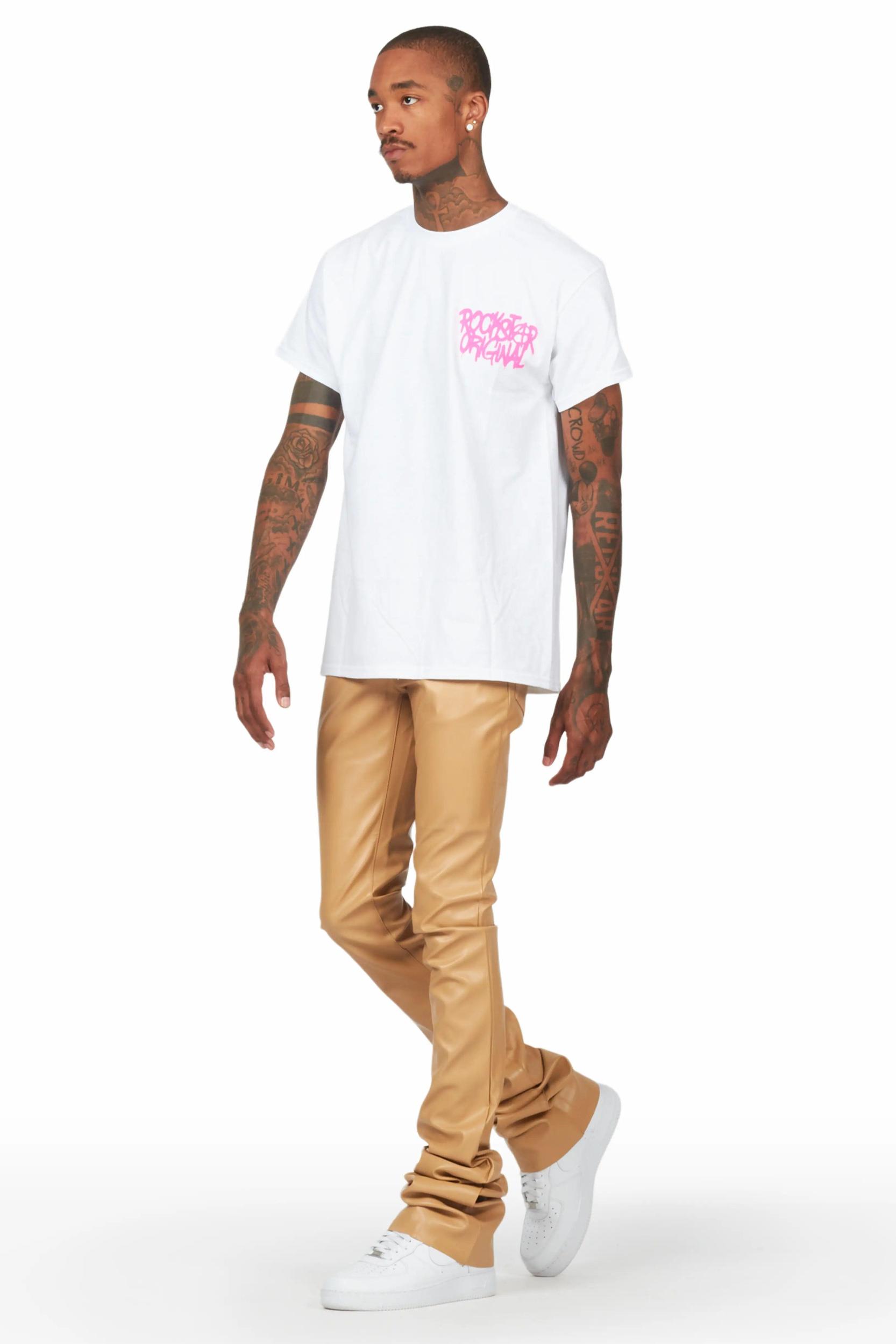 Badbich White T-Shirt & Ricky Tan Super Stacked Faux Leather Pant Bundle Male Product Image