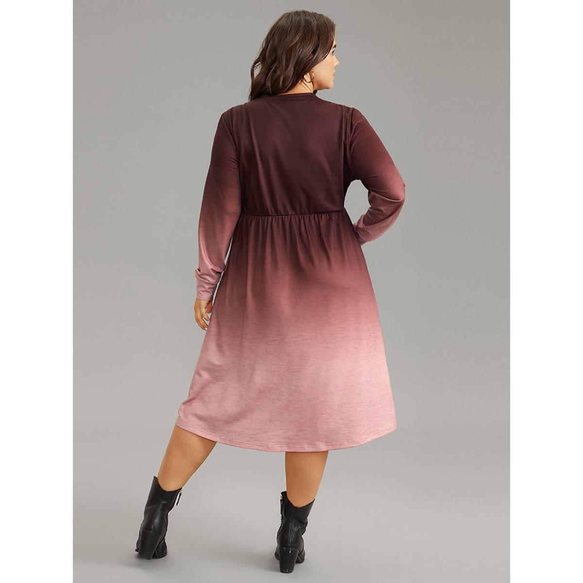 Plus Size Letter Tie Dye Gathered Elastic Waist Dress Scarlet Women Casual Gathered Round Neck Long Sleeve Curvy Midi Dress BloomChic 12/L Product Image