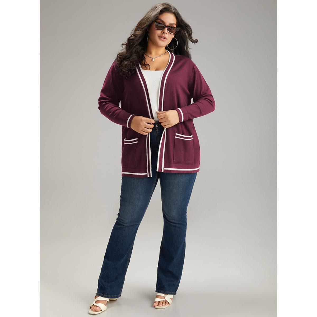Plus Size Supersoft Essentials Striped Patchwork Pocket Open Front Cardigan Burgundy Women Casual Loose Long Sleeve Everyday Cardigans BloomChic 12/L Product Image