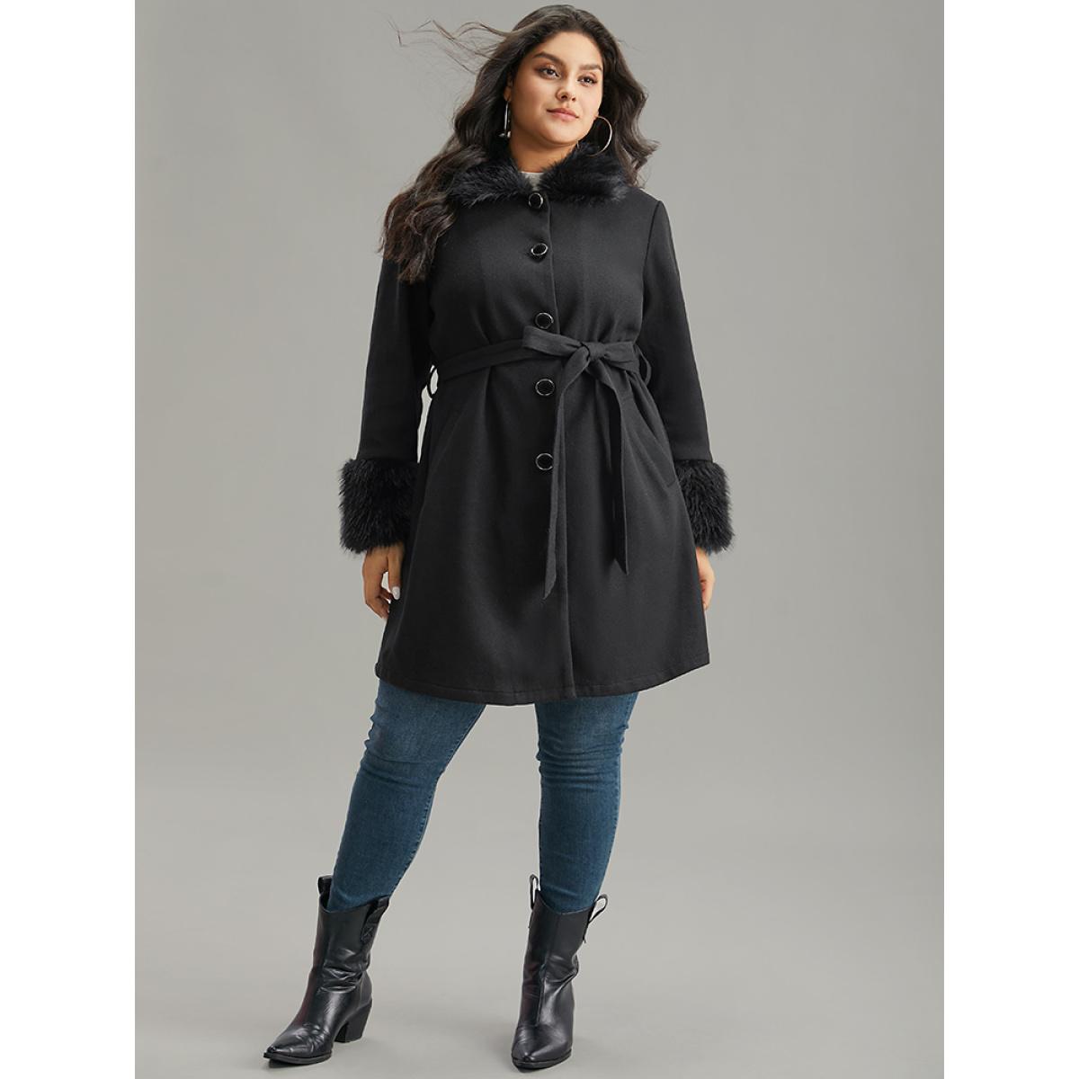 Plus Size Solid Fuzzy Trim Button Through Belted Coat Women Black Casual Plain Ladies Dailywear Winter Coats BloomChic 10/M Product Image