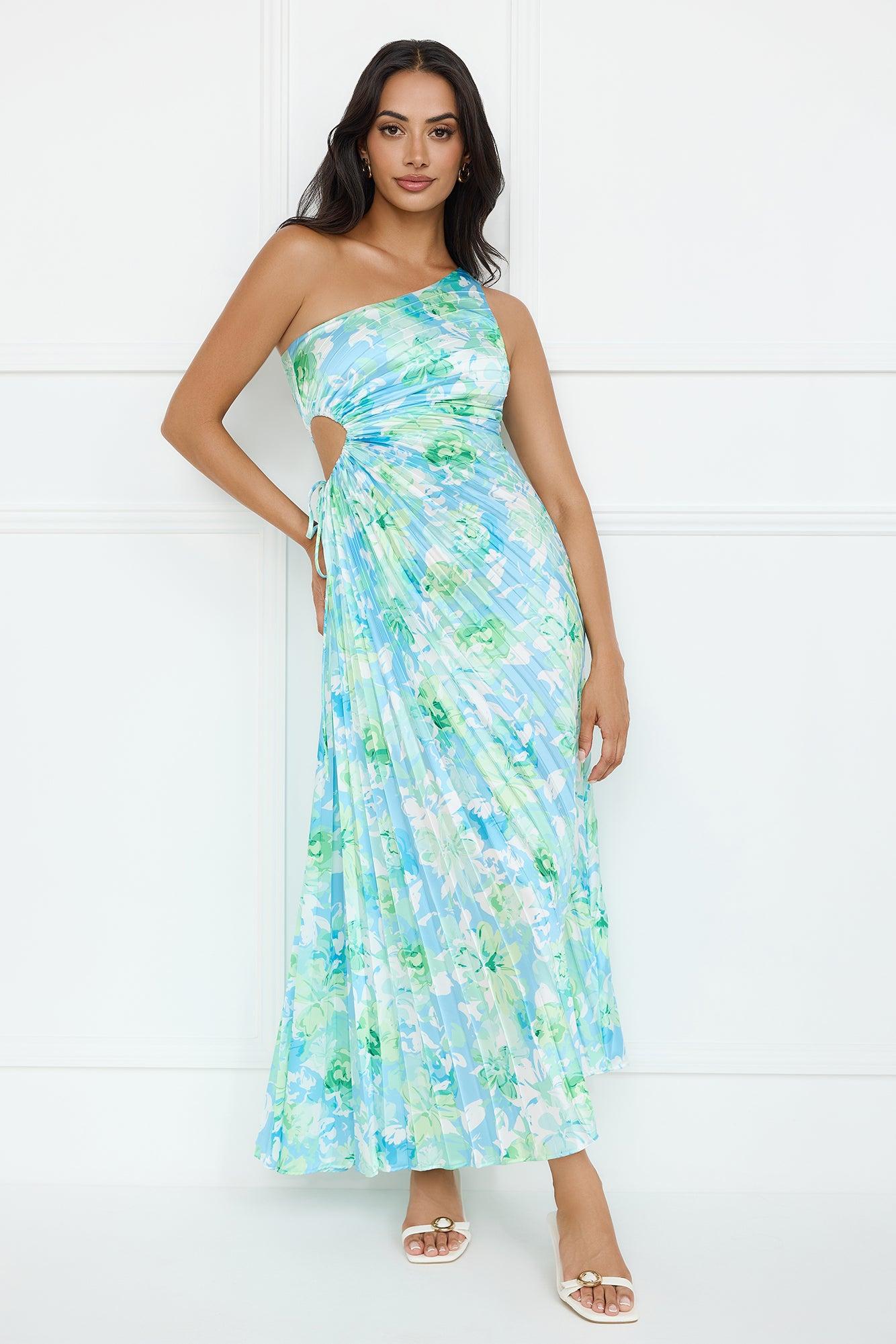 Emerald Ice One Shoulder Satin Pleated Maxi Dress Blue Product Image
