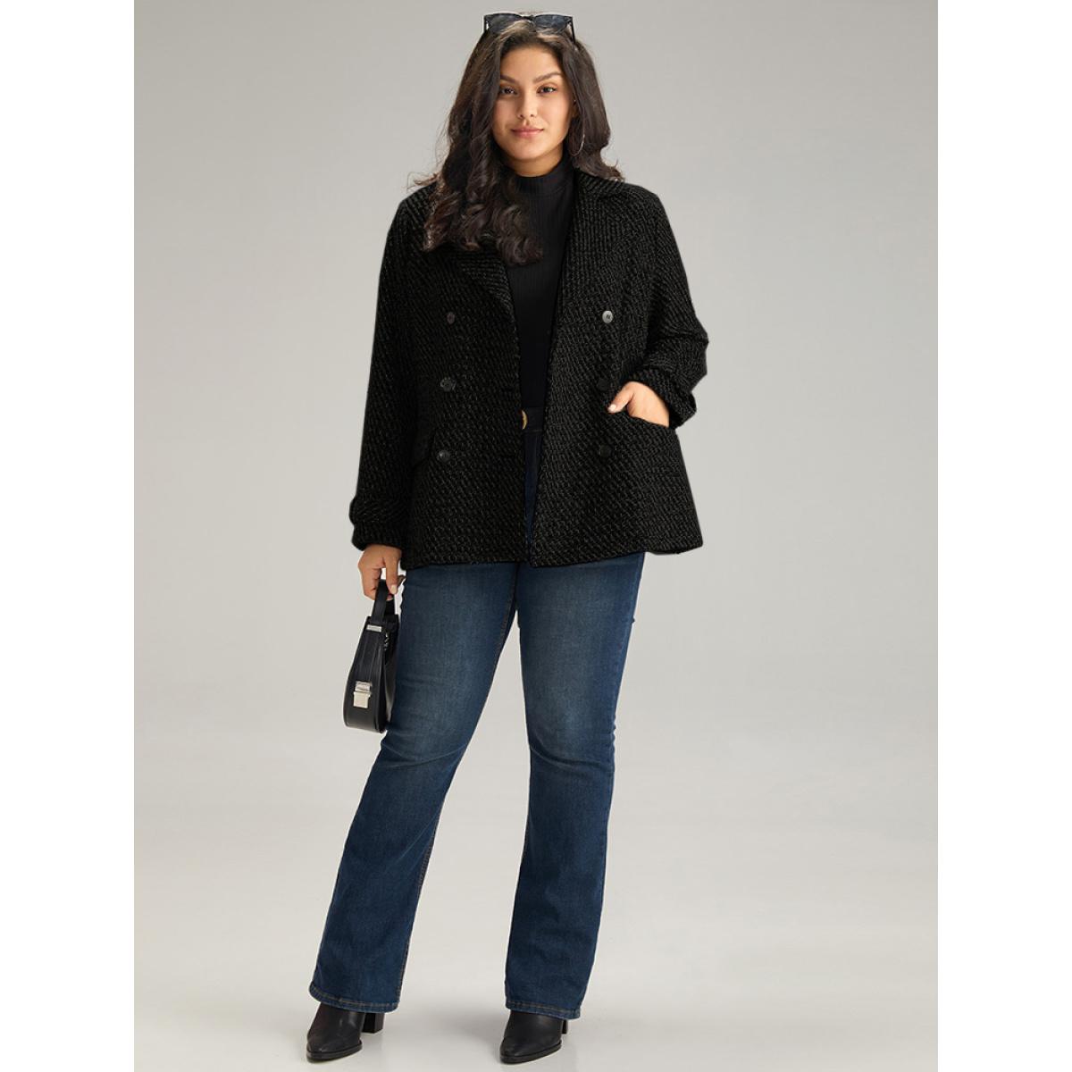 Plus Size Tweed Lapel Collar Button Up Pocket Coat Women BlackFlower Elegant Texture Ladies Everyday Winter Coats BloomChic 14-16/1X Product Image