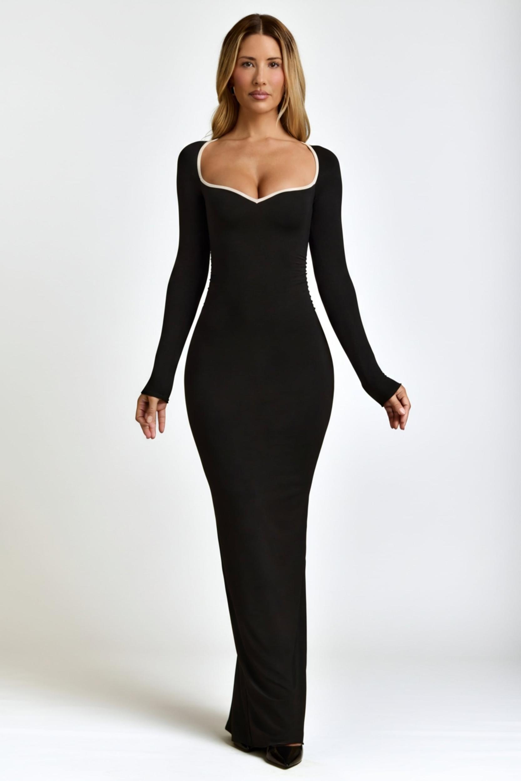 Modal Contrast-Trim Maxi Dress in Black Product Image