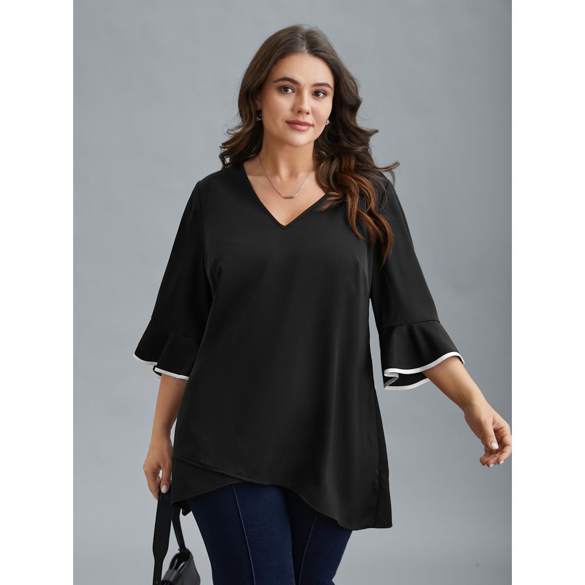 Plus Size Black Color-Block Spliced Ruffled Overlap Hem Blouse Women At the Office Elbow-length sleeve V-neck Work Blouses BloomChic 10/M Product Image