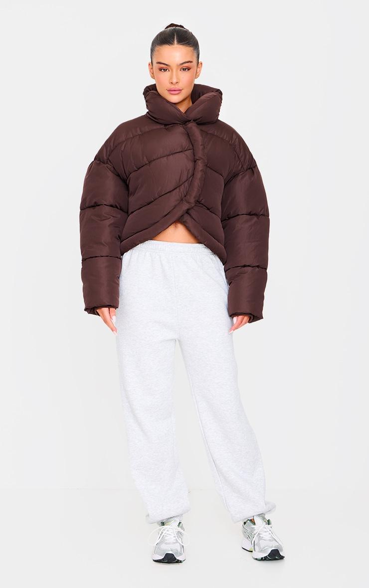 Chocolate Brown Quilted Asymmetric High Neck Puffer Jacket Product Image