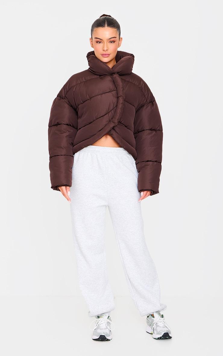Chocolate Brown Quilted Asymmetric High Neck Puffer Jacket Product Image
