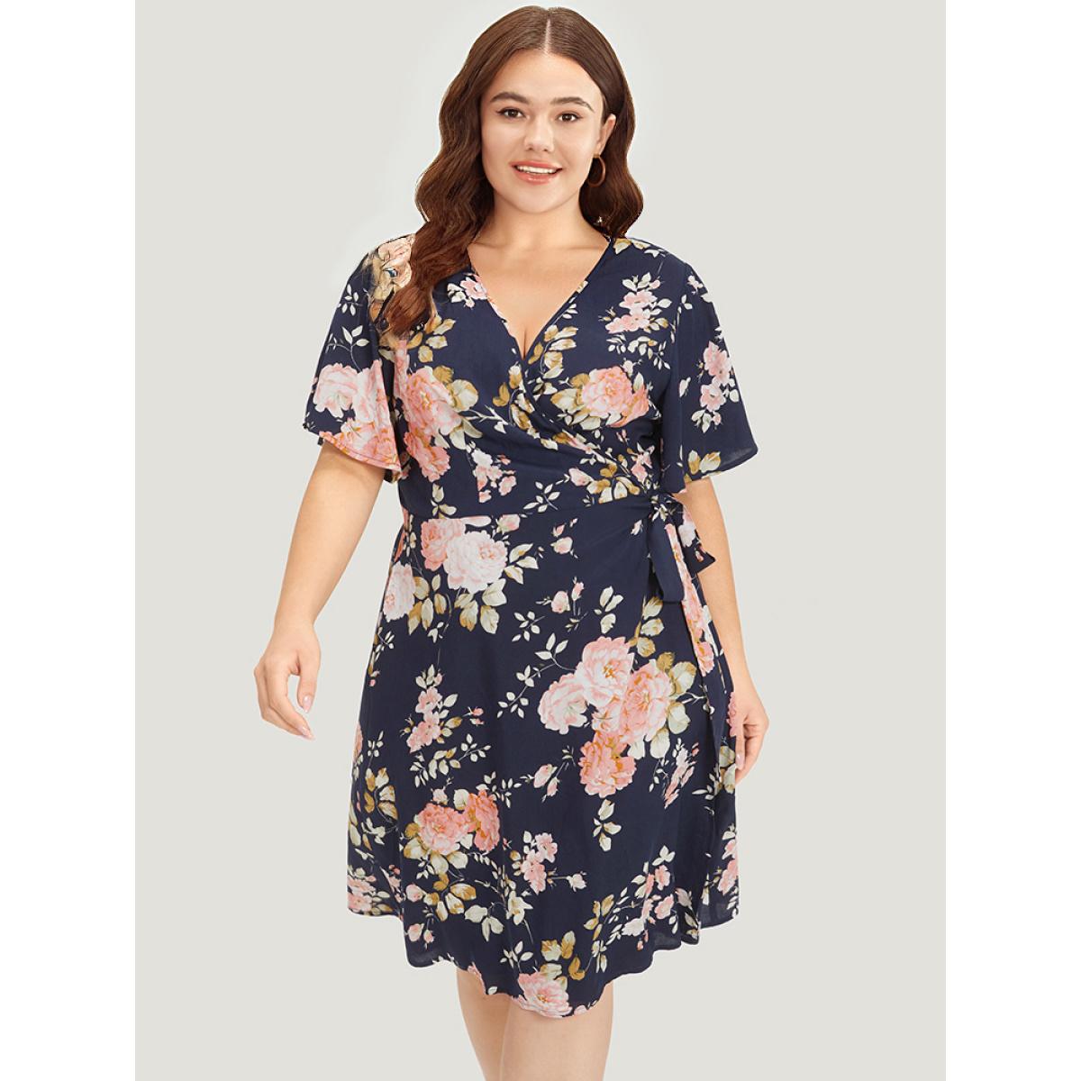 Plus Size Floral Print Pocket Knot Ruffle Sleeve Wrap Dress DarkBlue Women Elegant Wrap V-neck Half Sleeve Curvy Knee Dress BloomChic 30/6X Product Image