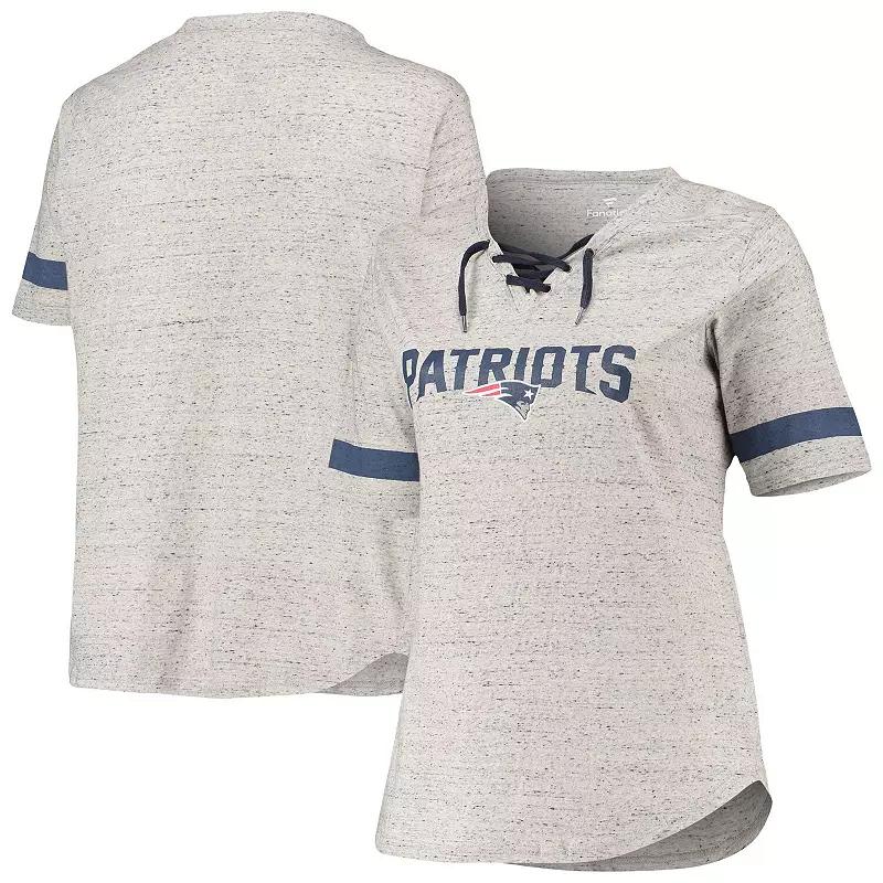 Women's Heathered Gray New England Patriots Plus Size Lace-Up V-Neck T-Shirt, Size: 2XL, Grey Product Image