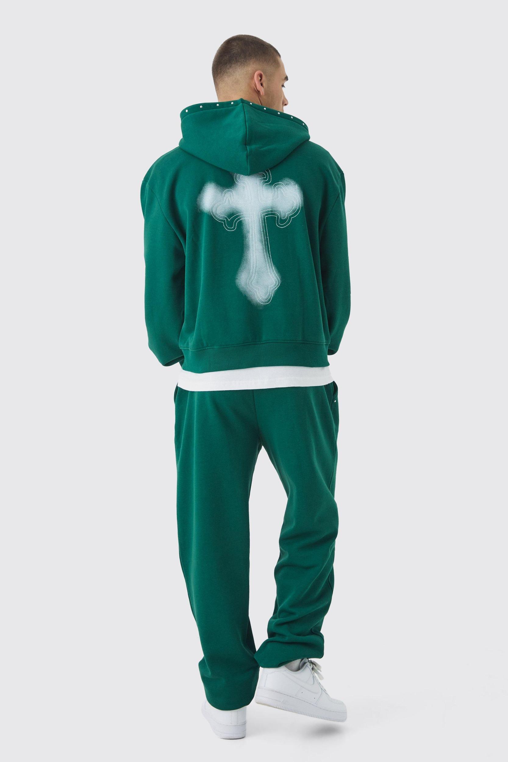 Oversized Boxy Cross Embroidered Zip Through Hooded Tracksuit | boohooMAN USA Product Image